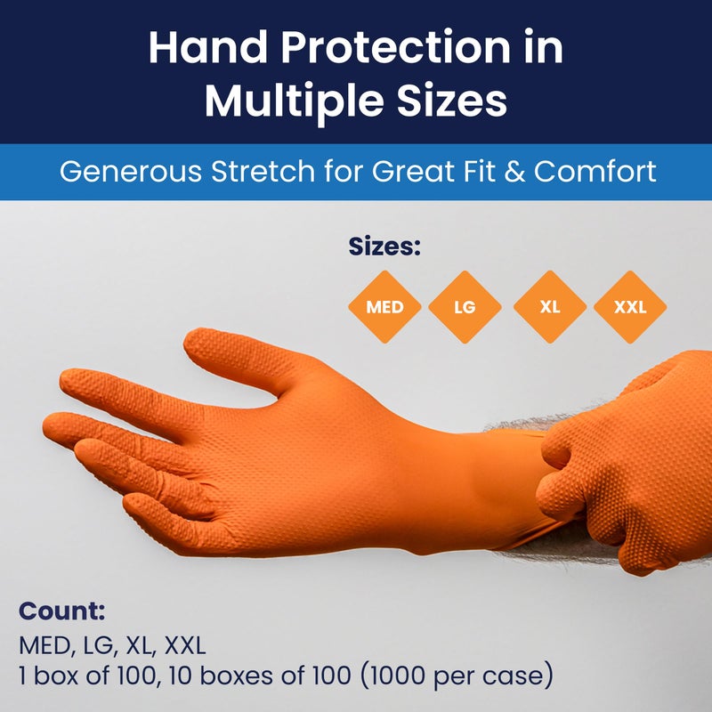 Adenna ProWorks CATCH Disposable Nitrile Gloves â€“ 9 Mil, Heavy Duty Work Rubber Glove with Raised Pyramid Grip, Nonâ€“Latex & Powder Free, Pack of 90, 2Xâ€“Large, Orange - Image 5
